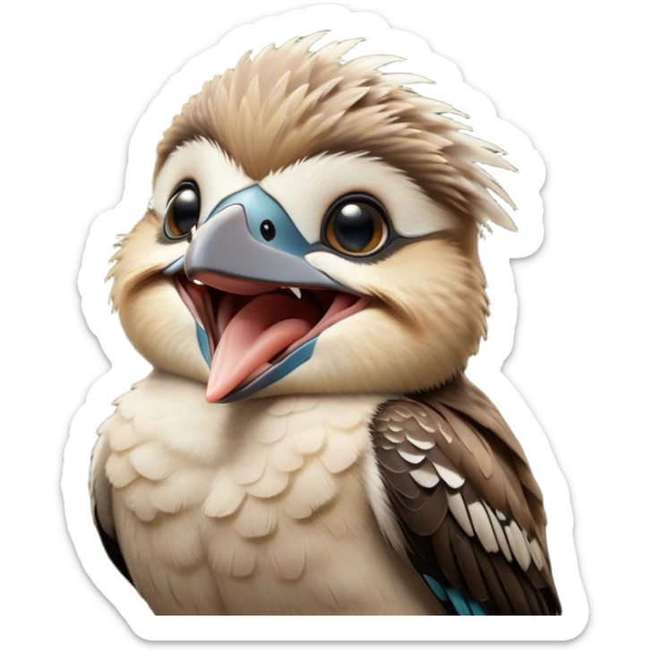 Cinematic Cute Yawning Kookaburra Portrait Emoji, Head tilted slightly with a dramatic, wide-open yawn, showcasing a soft, downy brown plumage with gently drooping wings and a relaxed beak, round eyes barely open in drowsy contentment, Simplified yet irresistibly adorable features, highly detailed, glowing with a soft, cozy glow, high shine, relaxed yet expressive, stylized with a touch of bushland charm, bright and endearing, soft glowing outline, capturing the essence of a sleepy yet affectionate kookaburra, so drowsy it feels like it could flutter out of the screen and curl up for a nap! sticker