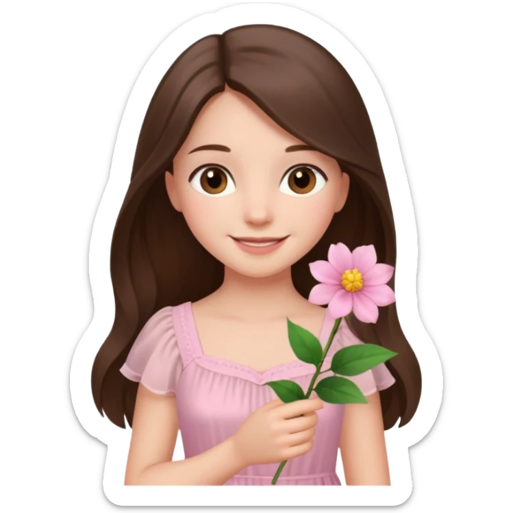 white brunette girl long hair with hazel eyes in light pink dress holding a flower sticker