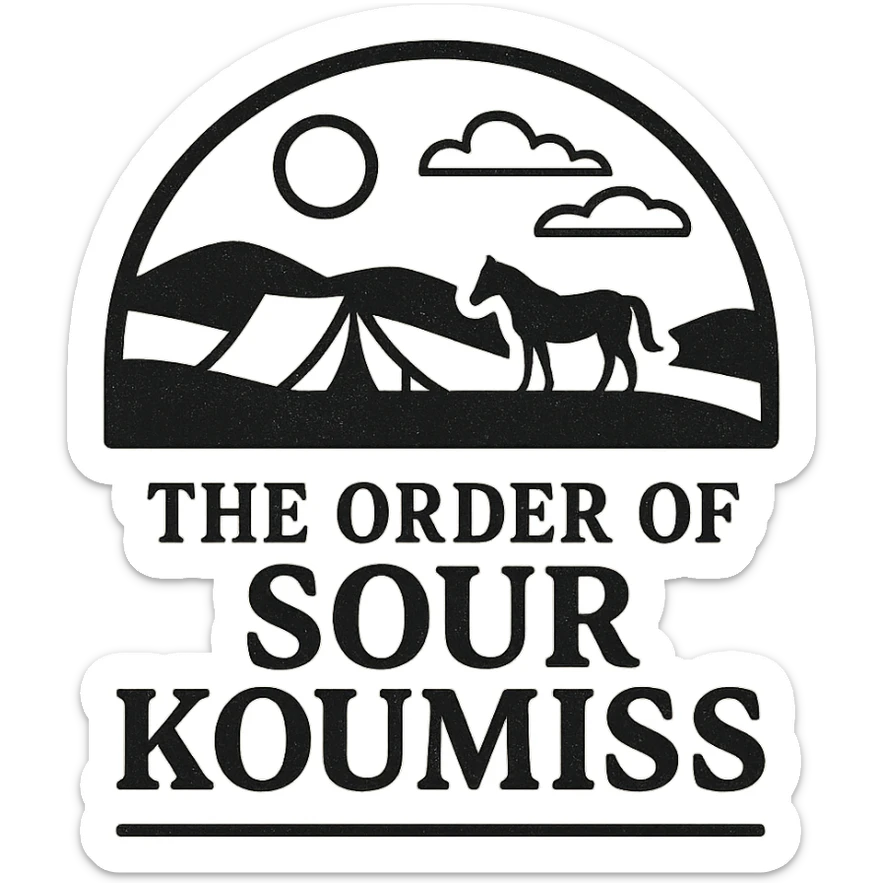 A black and white 90s-style logo for 'The Order of Sour Koumiss' with a vintage travel agency vibe, featuring a minimalist design sticker