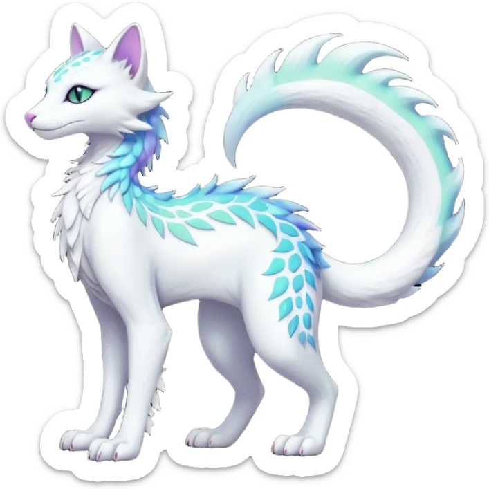 Kawaii white iridescent edgy fantasy feline-vernid-sergal-fursona animal creature with a tufted tail full body with intricate markings  sticker
