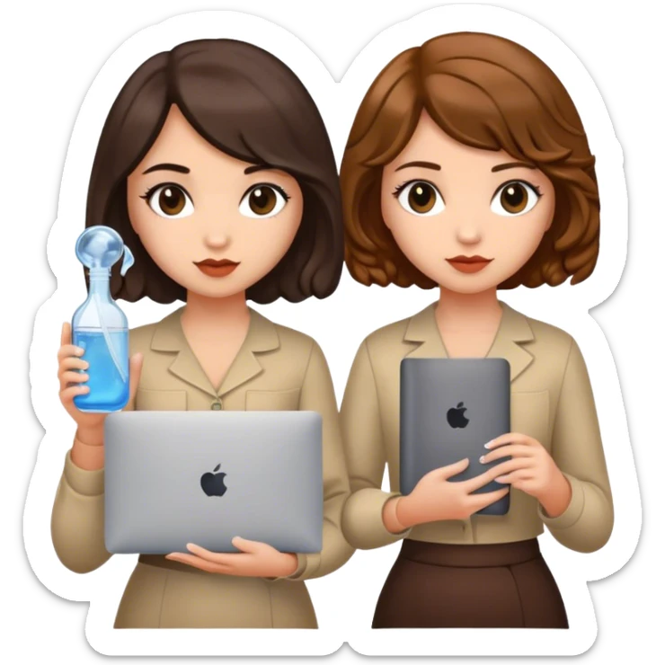 two girls in full height, 
the first girl with a bob, she has dark russian hair, her hair is wavy, she holds a macbook in one hand. 
The second girl holds a vial of water in her hand, the appearance of the second girl, she has medium length hair of russet colour. 
 sticker