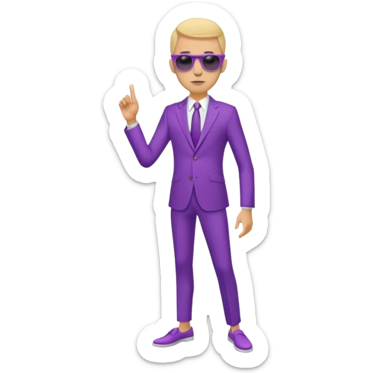  Bold and skinny man about 45. He's wearing a purple suit and sunglasses which it's standing on his head. He doesn't wear sucks. sticker