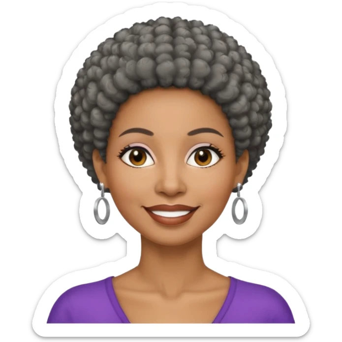 50 y.o. black woman, subtle smile, afro hair with grey strands sticker