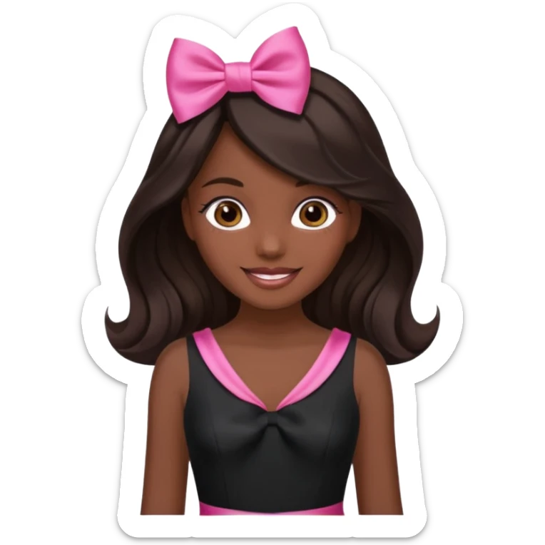 Create an emoji of a girl with dark skin, long dark brown hair with soft waves, a contoured face, brown eyes, wearing a black dress with a pink bow in the middle, and smiling. sticker