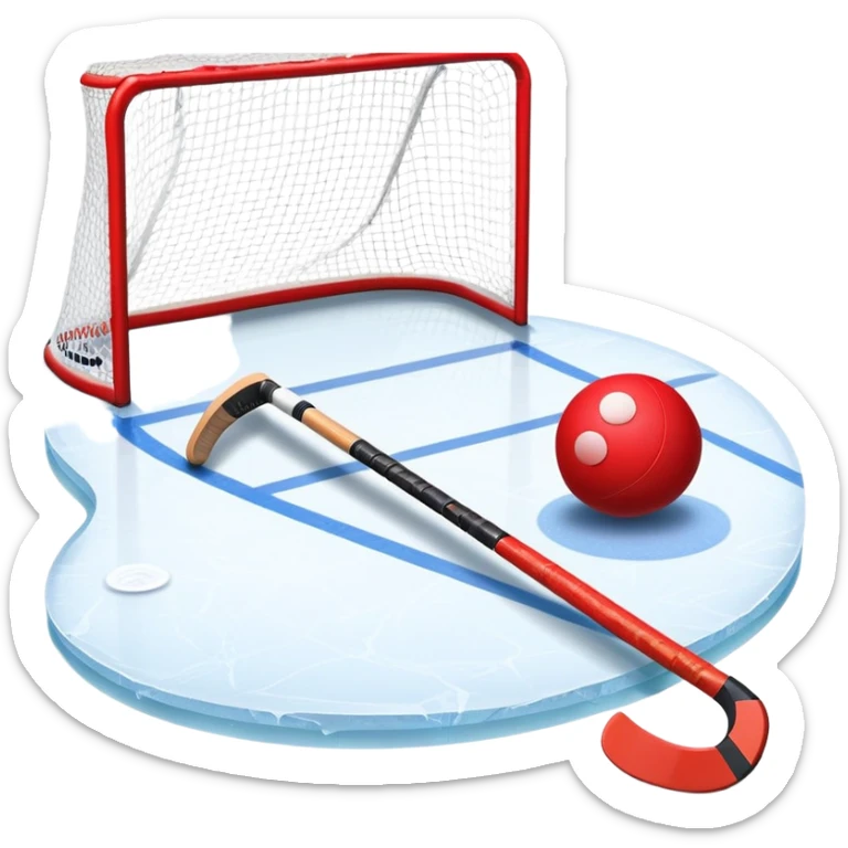 A red ball and hockey stick resting on an ice rink, with the goalposts and clear markings in the background. The scene captures the unique nature of field hockey with a ball on ice, emphasizing the speed and precision of the sport in a cold, competitive atmosphere. sticker