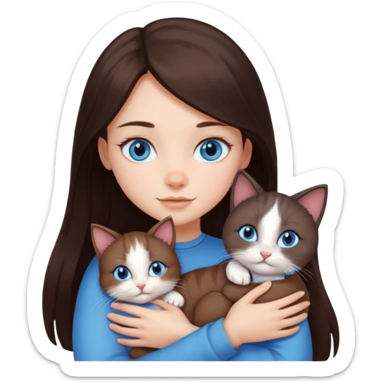 a pretty girl with long dark 
brown hair, with blue eyes, hugs 3 different natural coloured small cats sticker