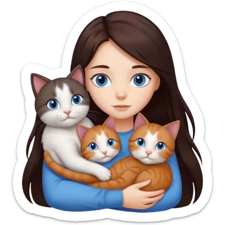 a girl with long dark 
brown hair, with blue eyes, hugs 3 different natural coloured cats sticker