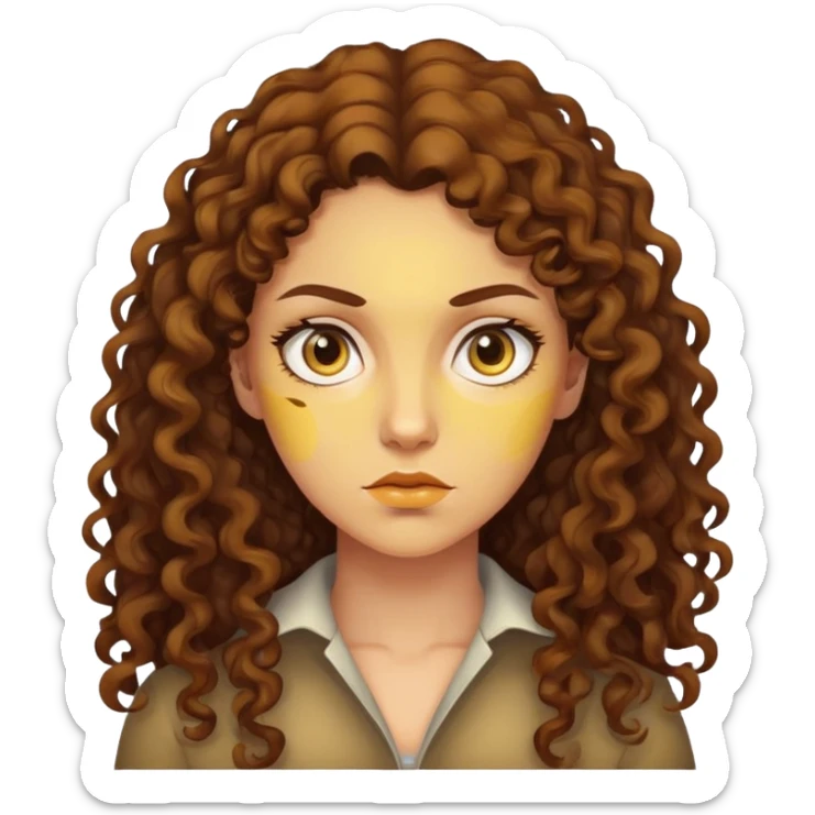 "- Nữ
- 30 tuổi
- Da vàng
- Tóc xoăn nhẹ màu nâu, dài 
- Mặt nghiêm túc
" sticker