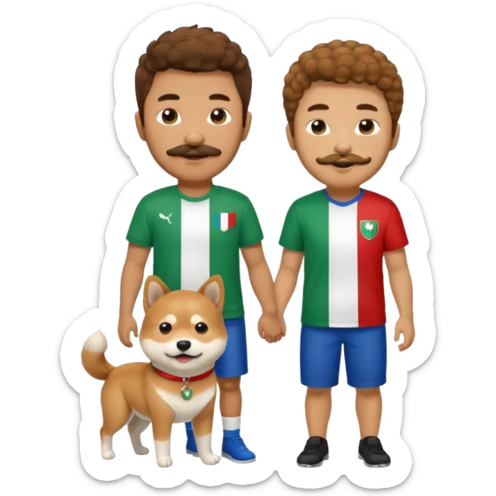 Italy flag shirt boy with mustache beard brown curly hair next to Shiba Inu sticker