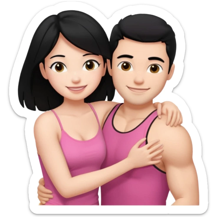 a pretty bratz fair girl. black hair, wearing a pink cami top hugging a handsome fair guy with black hair. lean but muscular sticker