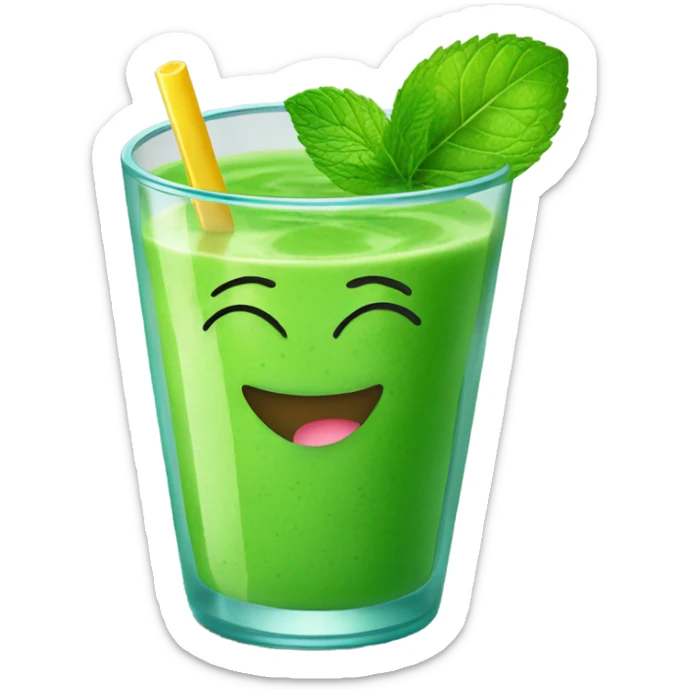 Generate a bright green smoothie emoji in a glass cup with a straw, decorated with a mint leaf and a smile. sticker
