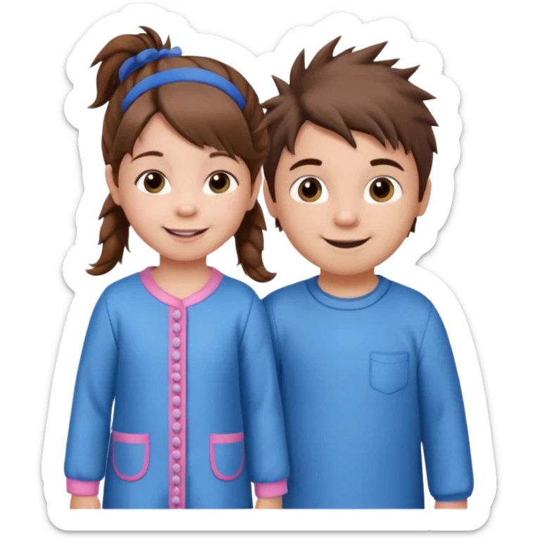 A toddler girl with brown hair with two pig tails, wearing pink pajamas and a bigger 4 year old boy with spikey brown hair, wearing blue pajamas. Both light skin and smiling.  sticker