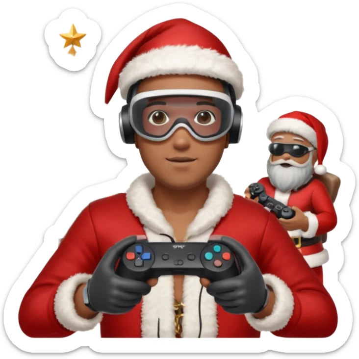 Homme photographe noir, week-end détente, équipé d’un appareil photo pro. Dans un décor Noël chaleureux, Père Noël à côté, sapin illuminé, lumières douces. L’homme porte un casque VR autour du cou ou sur la tête, et une manette PS 2025 dans la main libre. Ambiance festive, réaliste, couleurs nettes sticker