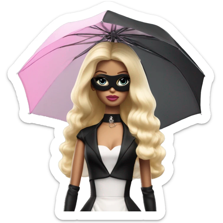 Stunning in the Spotlight Barbie, blonde teen Enid Sinclair ,showing off, show full body,accessories  gloves funeral veil covering face umbrella  sticker