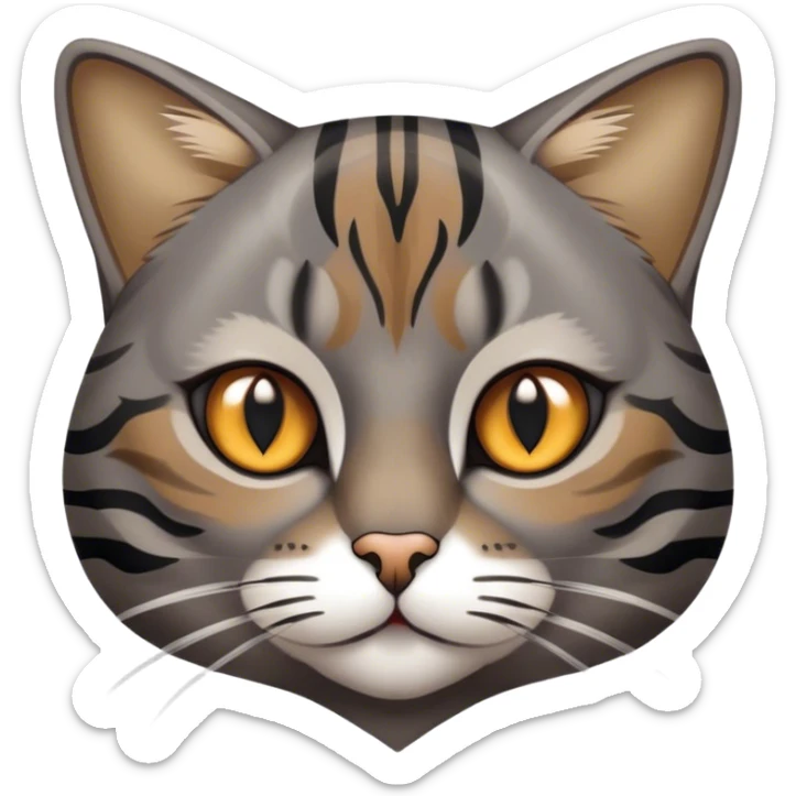 Cinematic Noble Grey and Black Brown Tabby Cat Portrait Emoji, Poised and regal, with sleek grey-brown fur featuring bold black tabby stripes and a distinct M-shaped marking on the forehead, bright amber eyes, Simplified yet sharp and sophisticated features, highly detailed, glowing with a soft, dignified glow, high shine, intelligent and graceful, stylized with an air of elegance, focused and attentive, soft glowing outline, capturing the essence of a watchful and refined feline, so majestic it feels as though it could glide across the screen with effortless confidence! sticker