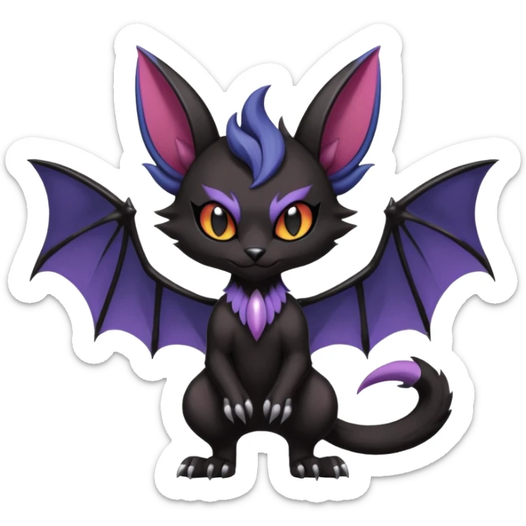 dark spooky badass cool shiny glossy smooth soft Black edgy Noivern-Noibat-Purloin-Torracat-Lykoi-Caracal-cat-Fakemon-fusion-hybrid-creature with bat wings on head as ears, big fangs, gothic markings sticker