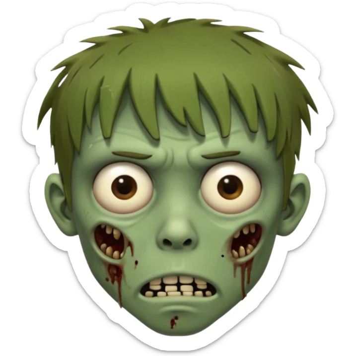 zombie slim youthful face, messy brown fringe, muted green skin tone, tired heavy-lidded eyes with visible under-eye darkness, a neutral slightly bored expression, and an overall low-energy, sleep-deprived, mentally fried vibe, sticker