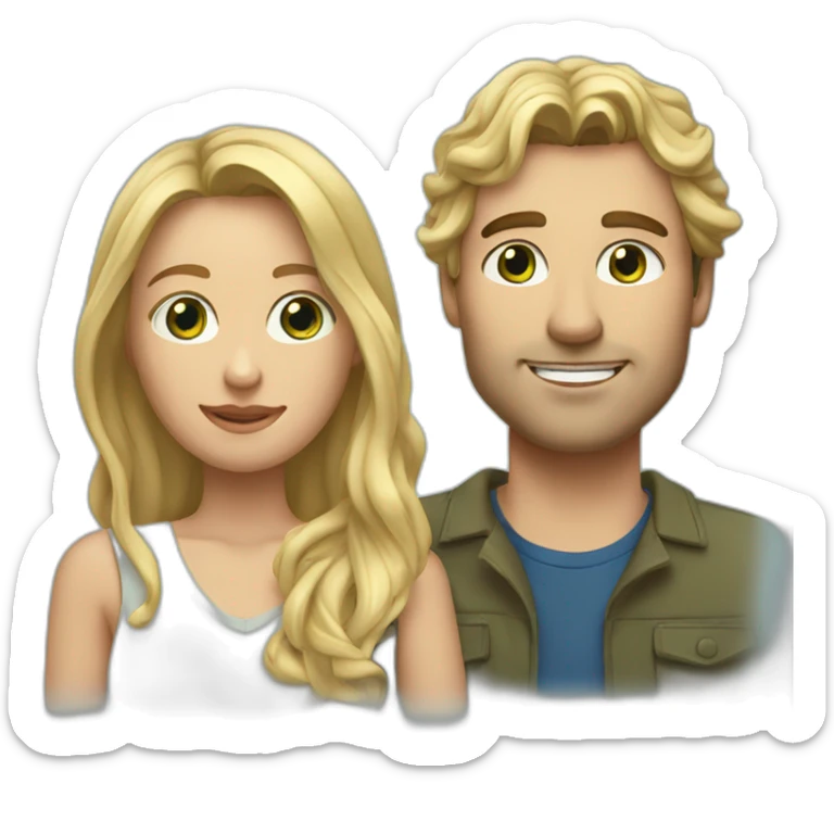 An american couple. The woman is blonde and has blue eyes and EXTREMELY long wavy hair. The man has brown, short hair, his left ear is perced. His eyes are green sticker