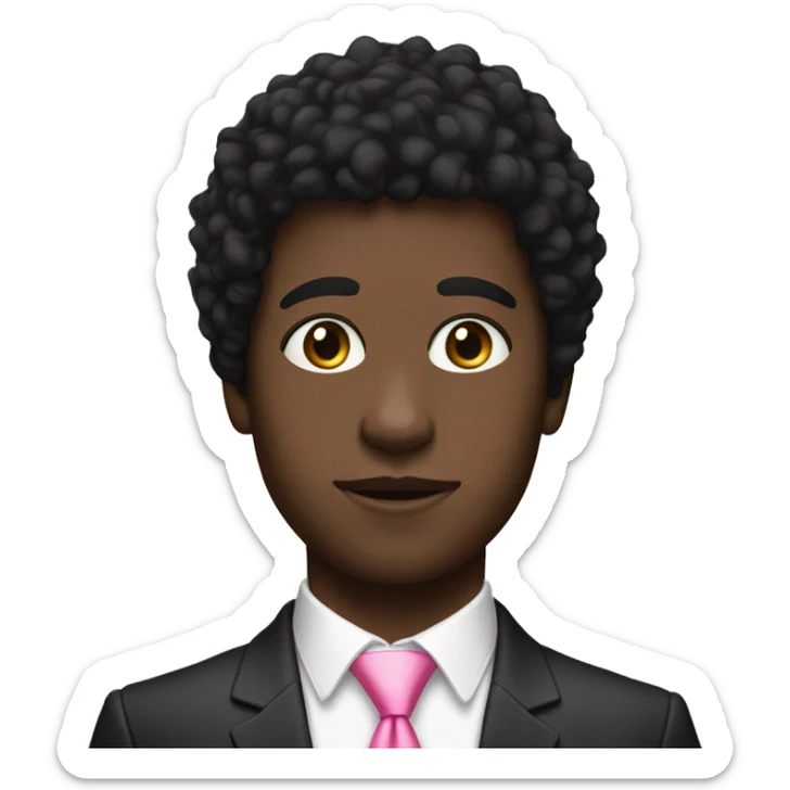 A profile of a black twink with an afro mullet in an intricate suit with a pink tie and no beard sticker