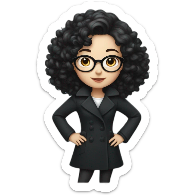 Full length girl in Black coat with glasses with gray-blue eyes, white skin and curly black hair and aristocratic high cheekbone sticker