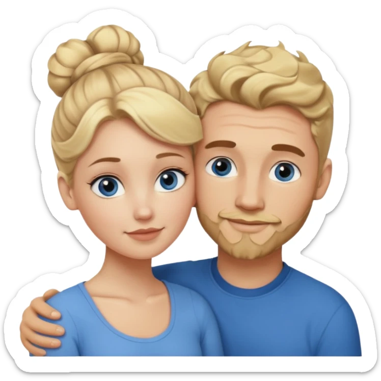 young couple hugging. white girl with blonde hair in a bun, and blue eyes. white man with wavy dark brown slightly curly hair, a goatee, brown eyes, and he has prominent cheek bonesand eyes.  sticker