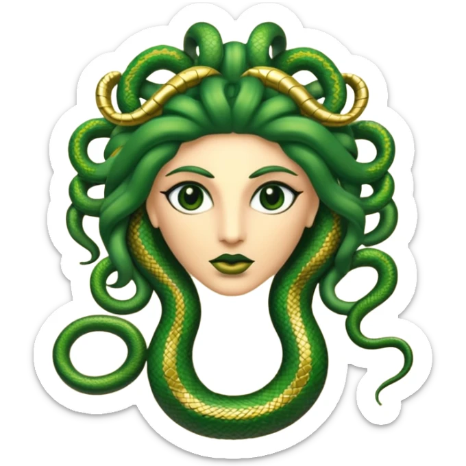 The Sicilian Medusa in gold and green and make the snake hair have snake faces  sticker