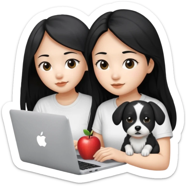 Asian girl with long black hair , wearing a white t-shirt, working on an Apple laptop, next to her is a small black and white dog sticker