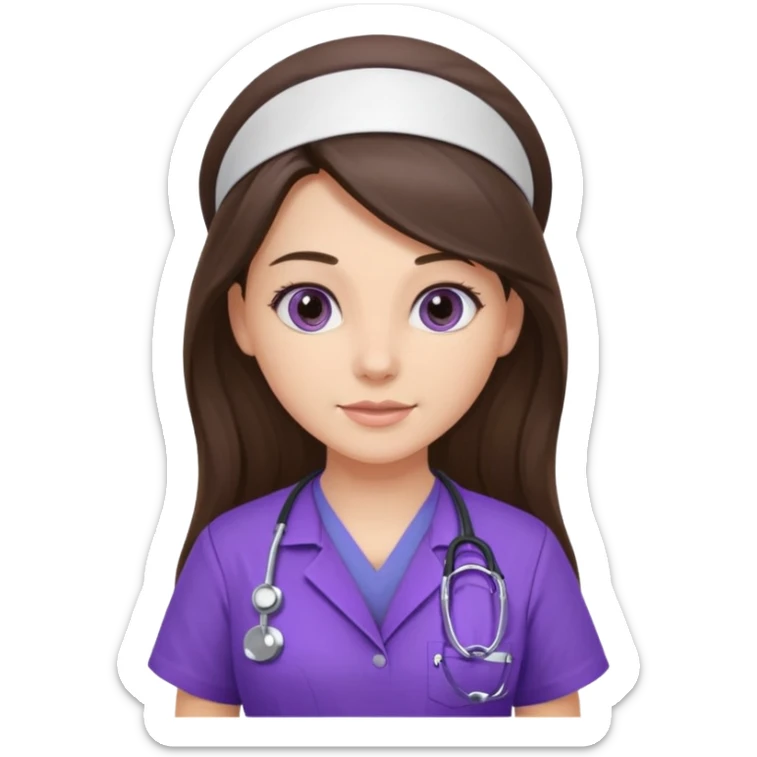 pretty brunette nurse with long hair in purple scrubs sticker