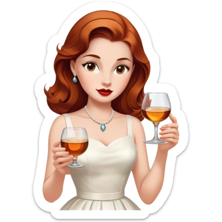 oval face Beautiful woman in 1950’s woman fashion look, white dress, long auburn hair, whisky sticker