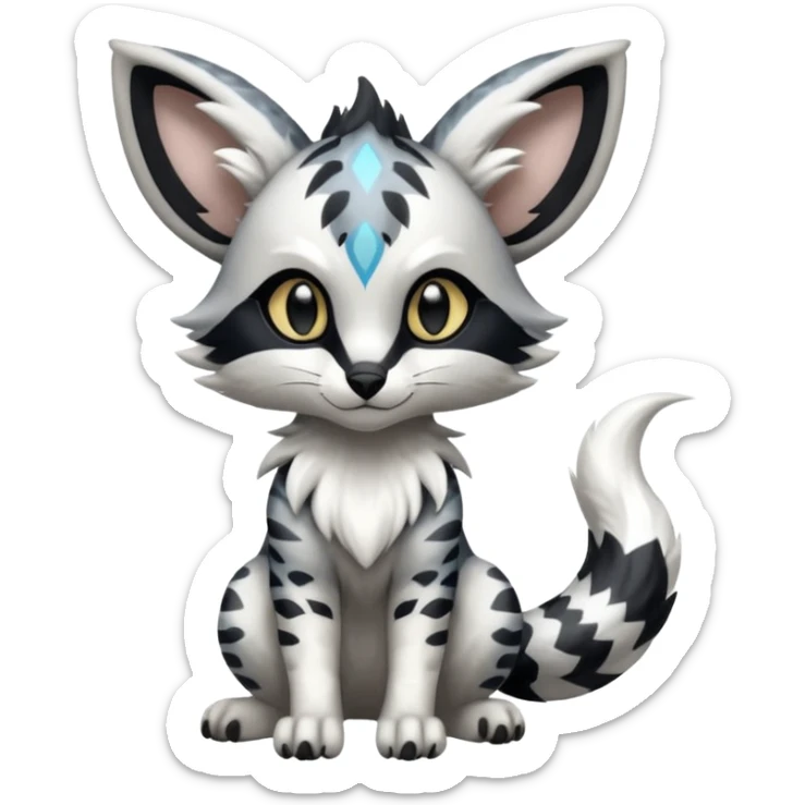 Futuristic furry fluffy floofy feathery tribal marked Genet-Absol-Kyurem-Zeraora-Primagen-fusion-creature  with big wide ears  sticker