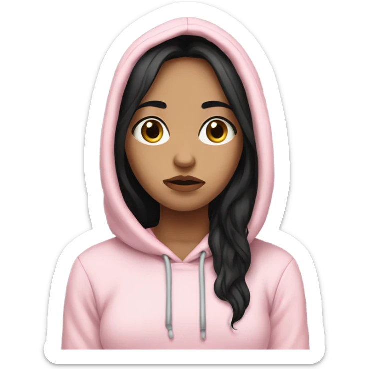 Light skin girl with long black hair wearing pale pink hoodie with hand on her face with a disappointed face  sticker