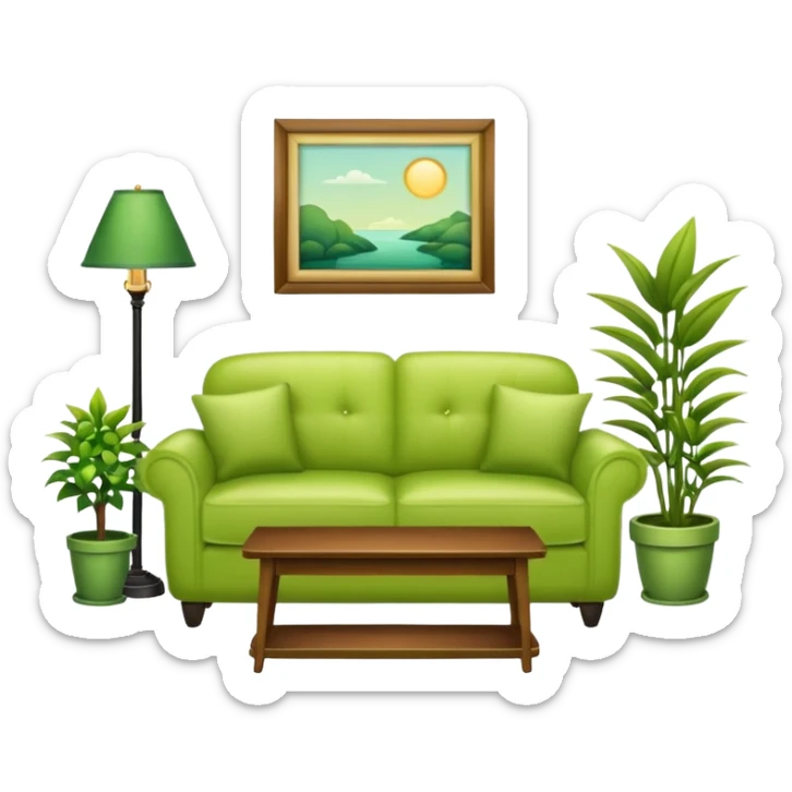 living room in ios emoji style

no TV, and make the couch a light green color

there is a lamp on one side and some plants on the other side sticker