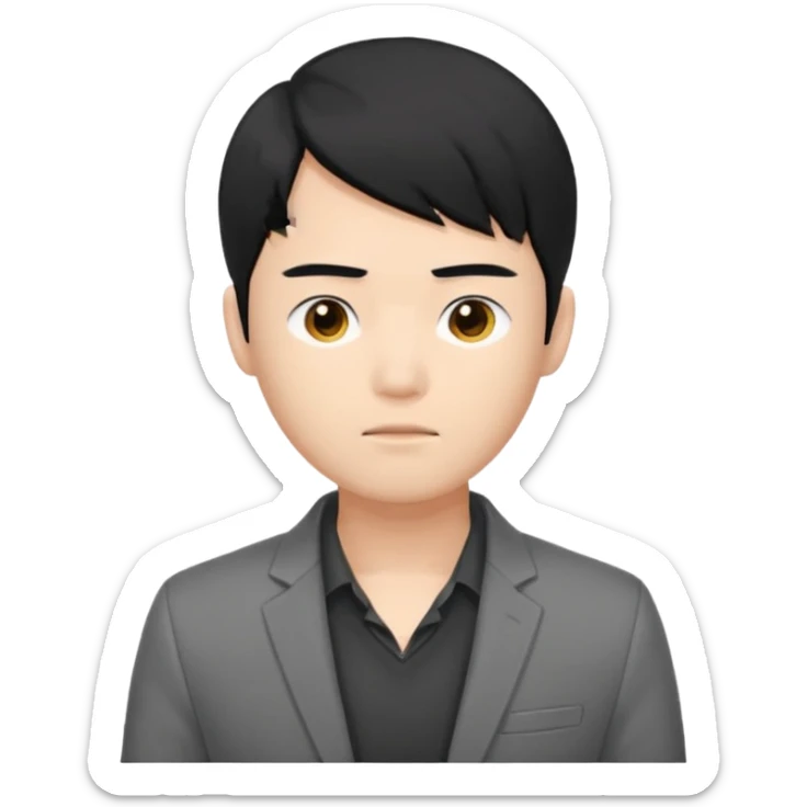 asian young man with black hair covering forehead in grey blazer and black t-shirt  sticker