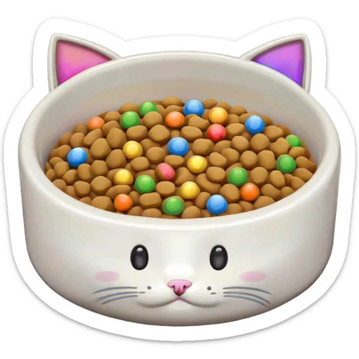 cute cat food bowl with, the food is piled on top of the bowl where it is so full. Make the kibble in the food bowl white with rainbow pieces sticker
