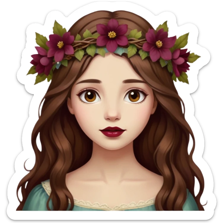 girl with long brown hair with flower crown, wine-colored lips, antique oil painting tones sticker