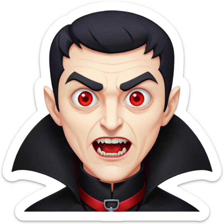 Nam 50 tuổi, mắt đỏ, da trắng, tóc ngắn màu đen,mồm mở rộng, có răng nanh, mặt hơi đáng sợ như ma cà rồng, áo măng tô cổ cao màu đen, nửa thân trên sticker