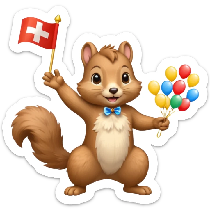 cute squirrel tossing confetti in the air, Swiss flag in paw, emoji style sticker