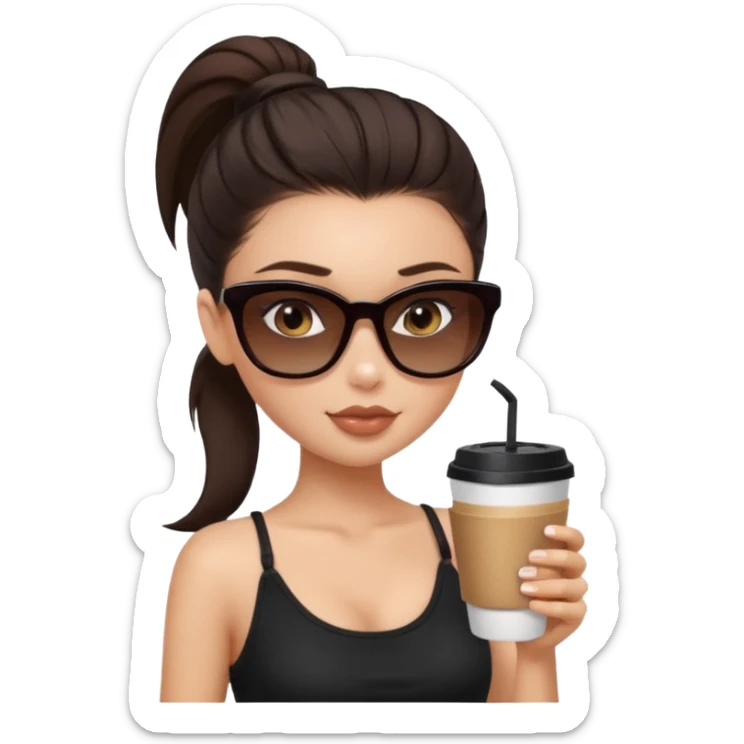 generate a pretty fair bratz girl with dark brown eyes, dark brown eyes tied into a slick back ponytail, thin brown sunglasses. Wearing a black cami top and drinking coffee sticker