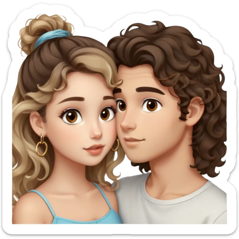 cute girl long brunette balayage curly/wavy not voluminous hair, brown eyes, hoop earrings, natural pretty clean makeup: kissing on the cheek a cute boy blondish straight messy hair and brown eyes sticker