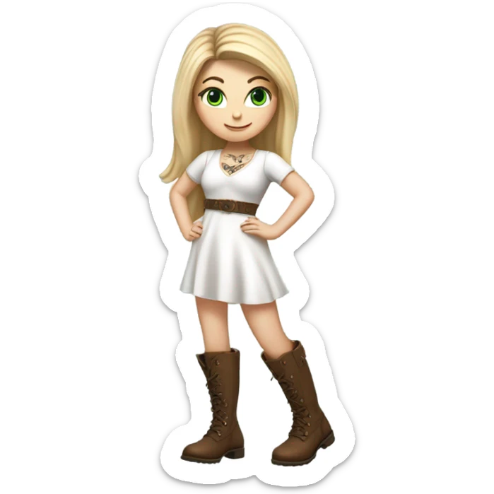 Realistic White girl with Long straight blonde hair, green eyes, tattoos, full body wearing white dress and Brown knee-high leather boots, dancing sticker