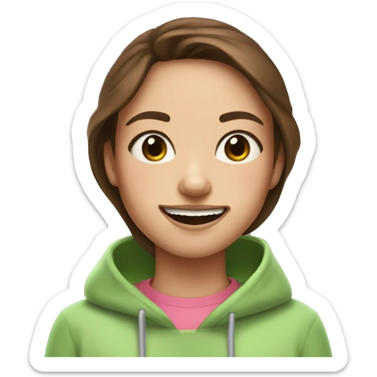 Girl with brown hair, crooked teeth and a pink hoodie with a matcha sticker