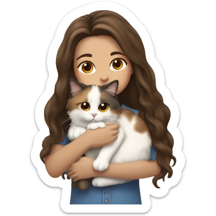 brunette girl with long wavy hair snuggling Calico ragdoll cat sticker