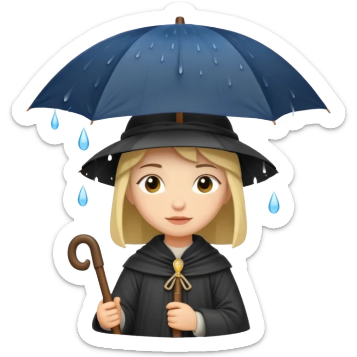 vorrei un piccolo pellegrino medievale in stile stickers sotto la pioggia con un grande ombrello sticker