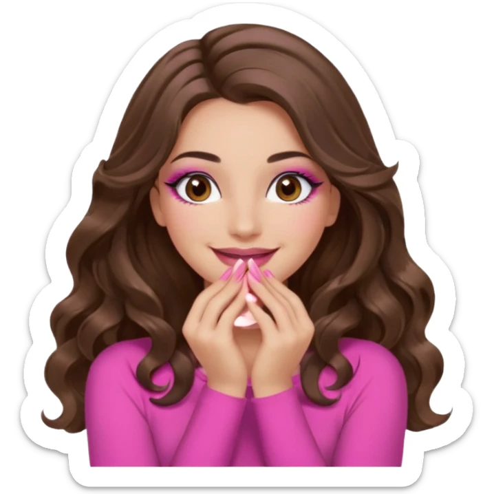 girl with long wavy brown hair, brown eyes, long lashes makeup, sexy pink lips, light to medium complexion, wearing a pink sexy top, smiling, hands covering over the eyes sticker