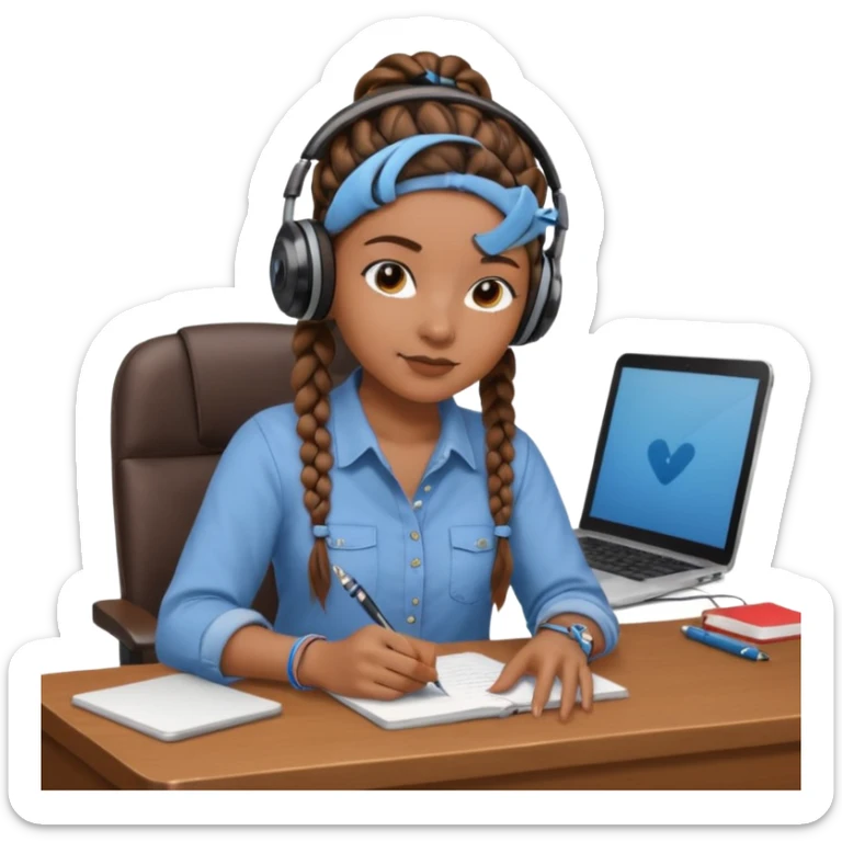 realistic brown skinned female with braids sitting at a desk with headphones on sticker