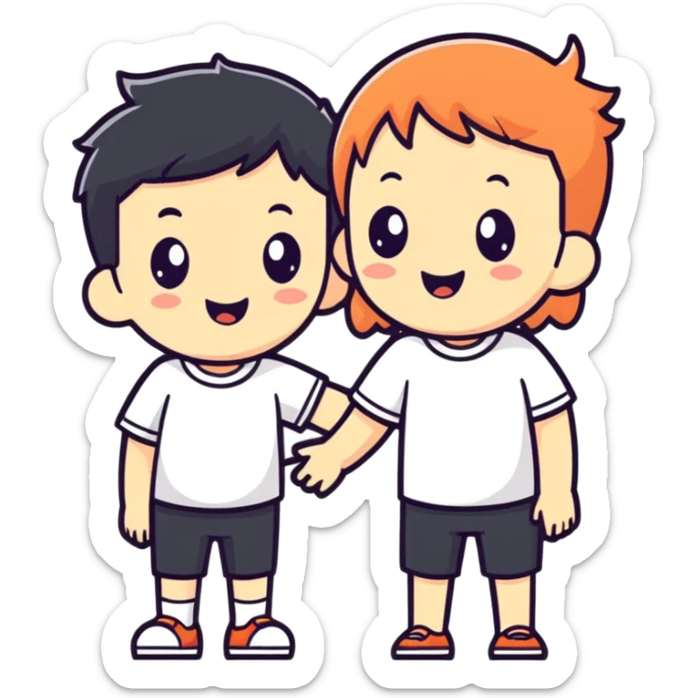playful group of two short people cartoon sticker style, minimal or no clothing, non-explicit, suitable for general audience sticker