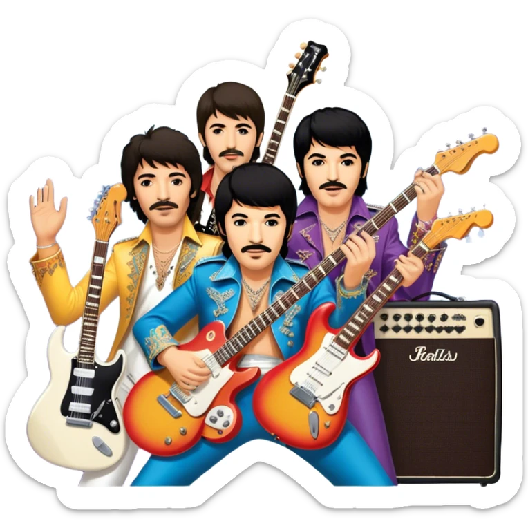 Rock music icon: dynamic collage of global rock legends like The Beatles, Jimi Hendrix, Elvis Presley, Freddy Mercury and Curt Cobane, surrounded by guitars, amplifiers, and stage lights. Symbolizing the energy and power of rock music. Transparent background. sticker