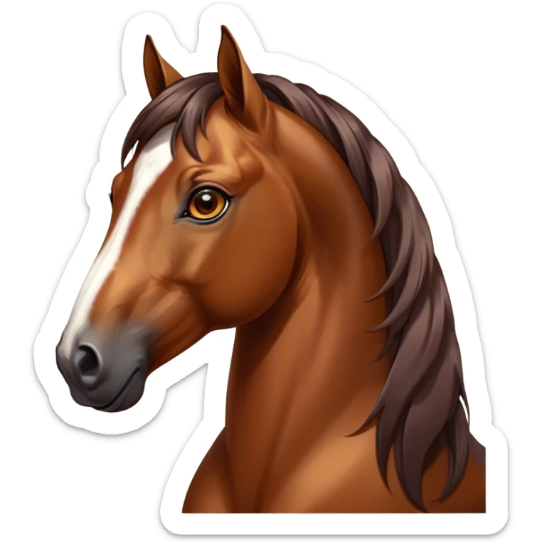 Cinematic Elegant Bay Horse Portrait Emoji, Head held high with a serene, majestic gaze, showcasing a magnificent bay fur with a rich, lustrous sheen, a flowing mane and tail, and radiant amber eyes that exude beauty and grace, Simplified yet majestically refined features, highly detailed, glowing with a soft, ethereal light, high shine, poised and breathtaking, stylized with an air of pure elegance, capturing the essence of a stunning and graceful steed, so beautiful it feels like it could gallop out of the screen with effortless charm! sticker