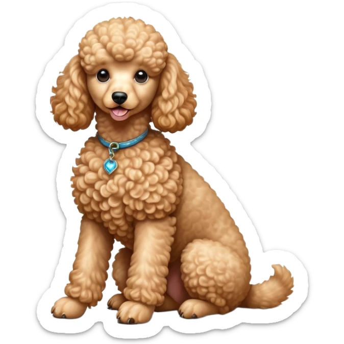 cinematic-[poodle]-realistic-full-body-sitting-emoji,-tail-resting-loosely-beside-its-paws,-head-tilted-dramatically, -curly-[apricot]-fur,-simplified-yet-realistic-focused-features,-highly-detailed,-glowing-with-an-almost-sarcastic-glow sticker
