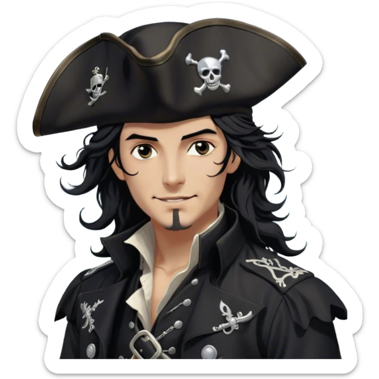 A charismatic pirate with wavy black hair tousled by the sea breeze. His black tricorn hat, embroidered with silver, casts a shadow over his confident features. Dark eyes glint with mischief as he gazes to the side, a knowing smile on his lips. His fitted black coat, adorned with silver buttons, sways in the wind, revealing glimpses of a deep-crimson waistcoat. A silver chain dangles from his belt sticker